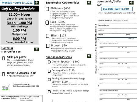 Golf Outing Schedule 11:00 – Noon Check-in and lunch Noon – 1:00 PM Skills Challenge 1:00 PM Shotgun start 6:00 PM Dinner, Awards & Prizes Golfers & Non-Golfer.