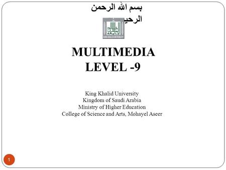 1 1 Introduction to Computer Science بسم الله الرحمن الرحيم MULTIMEDIA LEVEL -9 King Khalid University Kingdom of Saudi Arabia Ministry of Higher Education.