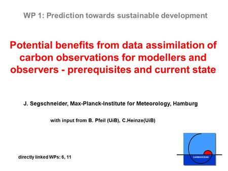 Potential benefits from data assimilation of carbon observations for modellers and observers - prerequisites and current state J. Segschneider, Max-Planck-Institute.