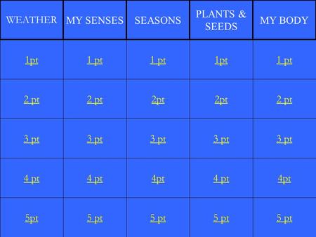 2 pt 3 pt 4 pt 5pt 1 pt 2 pt 3 pt 4 pt 5 pt 1 pt 2pt 3 pt 4pt 5 pt 1pt 2pt 3 pt 4 pt 5 pt 1 pt 2 pt 3 pt 4pt 5 pt 1pt WEATHER MY SENSESSEASONS PLANTS &