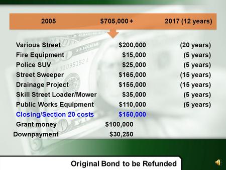 Original Bond to be Refunded 2005$705,000 + 2017 (12 years) Various Street$200,000(20 years) Fire Equipment$15,000(5 years) Police SUV$25,000(5 years)