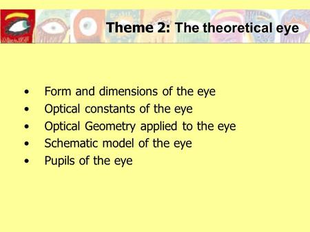 Theme 2: The theoretical eye Form and dimensions of the eye Optical constants of the eye Optical Geometry applied to the eye Schematic model of the eye.