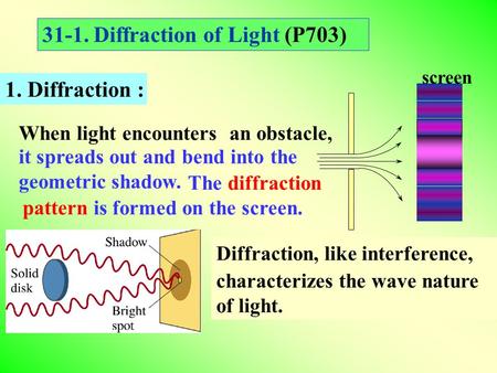 31-1. Diffraction of Light (P703) 1. Diffraction : screen When light encounters an obstacle, Diffraction, like interference, it spreads out and bend into.