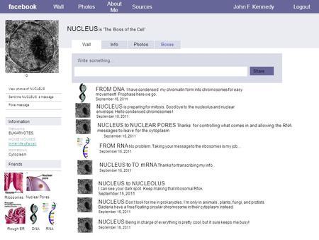 Facebook NUCLEUS is “The Boss of the Cell” WallPhotos About Me SourcesJohn F. KennedyLogout View photos of NUCLEUS Send the NUCLEUS a message Poke message.