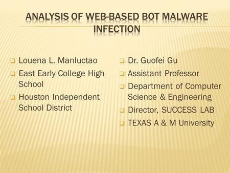  Louena L. Manluctao  East Early College High School  Houston Independent School District  Dr. Guofei Gu  Assistant Professor  Department of Computer.