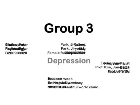 Group 3 Chair person Radics, Peter Patient Park, Ji-young Female factory worker Doctor Dr. Ha joon-wook Chief of Beautiful world clinic Environmentalist.