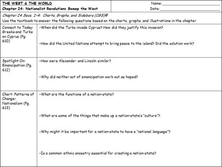 THE WEST & THE WORLD Chapter 24: Nationalist Revolutions Sweep the West Name:_________________________ Date:__________________________ Chapter 24 Secs.