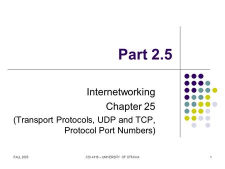 FALL 2005CSI 4118 – UNIVERSITY OF OTTAWA1 Part 2.5 Internetworking Chapter 25 (Transport Protocols, UDP and TCP, Protocol Port Numbers)