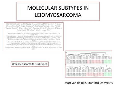 MOLECULAR SUBTYPES IN LEIOMYOSARCOMA Matt van de Rijn, Stanford University Xiangqian Guo 1, Vickie Young Jo 2, Anne M. Mills 3,Shirley X Zhu 1, Cheng-Han.