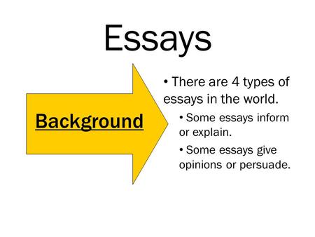 Essays There are 4 types of essays in the world. Some essays inform or explain. Some essays give opinions or persuade. Background.