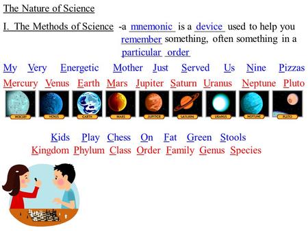 The Nature of Science I. The Methods of Science-a _________ is a ______ used to help you ________ something, often something in a ________ _____ KidsPlayChessOnOnFatGreenStools.