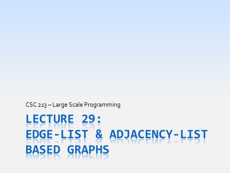 CSC 213 – Large Scale Programming. Today’s Goals  Briefly review graphs and vital graph terms  Begin discussion of how to implement Graph  Vertex &