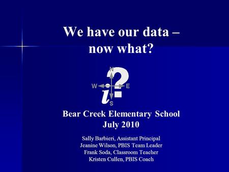 We have our data – now what? Bear Creek Elementary School July 2010 Sally Barbieri, Assistant Principal Jeanine Wilson, PBIS Team Leader Frank Soda, Classroom.