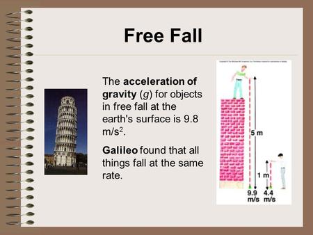 Free Fall The acceleration of gravity (g) for objects in free fall at the earth's surface is 9.8 m/s2. Galileo found that all things fall at the same rate.