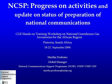 NCSP: Progress on activities and update on status of preparation of national communications CGE Hands on Training Workshop on National Greenhouse Gas Inventories.