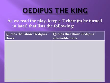 OEDIPUS THE KING As we read the play, keep a T-chart (to be turned in later) that lists the following: Quotes that show Oedipus’ flaws Quotes that show.