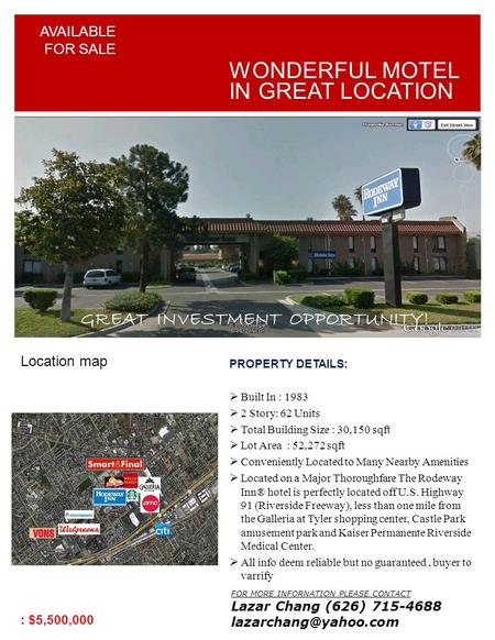 : $5,500,000 PROPERTY DETAILS:  Built In : 1983  2 Story: 62 Units  Total Building Size : 30,150 sqft  Lot Area : 52,272 sqft  Conveniently Located.