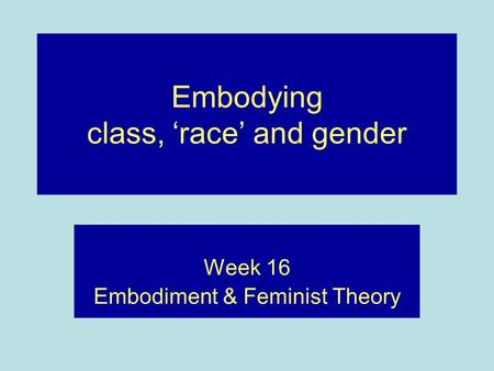 Embodying class, ‘race’ and gender Week 16 Embodiment & Feminist Theory.