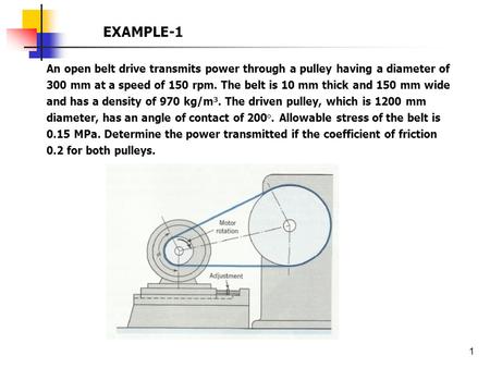 1 An open belt drive transmits power through a pulley having a diameter of 300 mm at a speed of 150 rpm. The belt is 10 mm thick and 150 mm wide and has.