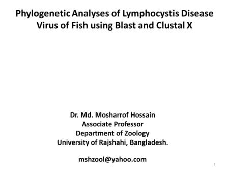 1 Phylogenetic Analyses of Lymphocystis Disease Virus of Fish using Blast and Clustal X Dr. Md. Mosharrof Hossain Associate Professor Department of Zoology.