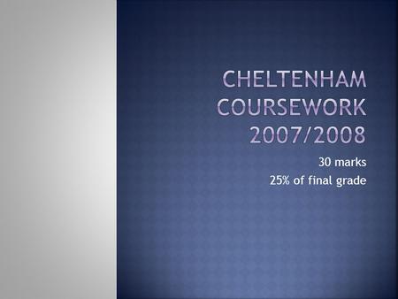 30 marks 25% of final grade.  Is an outline of what this work is about.  Why are you doing this?  What is it you are going to do? (Hypothesis/Aims)