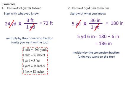 x x 3 ft 36 in 24 yd = 72 ft 5 yd = 180 in 1 yd 1 yd