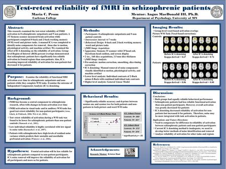 Purpose: Examine the reliability of functional MRI activation over time in schizophrenic outpatients and non- patients while they complete WM tasks. Examine.