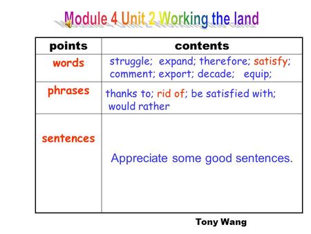 Pointscontents words phrases sentences Appreciate some good sentences. thanks to; rid of; be satisfied with; would rather struggle; expand; therefore;