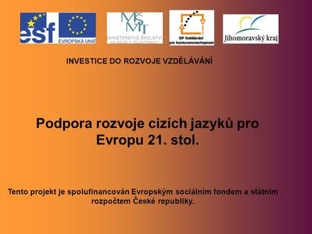 Podpora rozvoje cizích jazyků pro Evropu 21. stol. INVESTICE DO ROZVOJE VZDĚLÁVÁNÍ Tento projekt je spolufinancován Evropským sociálním fondem a státním.