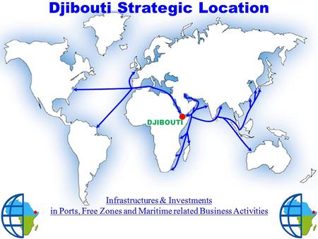 DJIBOUTI Djibouti Strategic Location. 1.Existing Infrastructures 2.Infrastructures Expansions 3.Future Infrastructures 4.Summary of Development Projects.