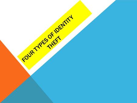 FOUR TYPES OF IDENTITY THEFT. 1. FINANCIAL IDENTITY THEFT  Just using your stolen credit card details to buy things is the example we all know about.