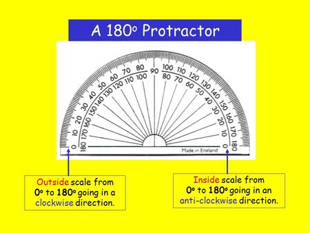 A 180 o Protractor Outside scale from 0 o to 180 o going in a clockwise direction. Inside scale from 0 o to 180 o going in an anti-clockwise direction.