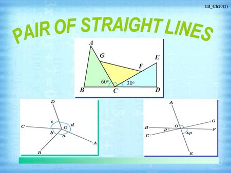 1B_Ch10(1) A B C D E G F 60 o 30 o. 1 Joint equation of pair of straight lines 2 Angle between a pair of straight lines 3 Condition of parallelism and.