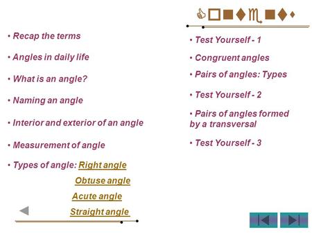 Contents Recap the terms Test Yourself - 1 Angles in daily life