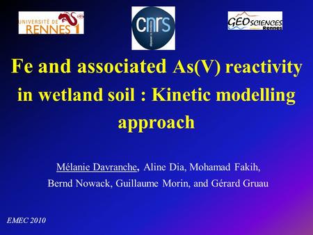 Fe and associated As(V) reactivity in wetland soil : Kinetic modelling approach Mélanie Davranche, Aline Dia, Mohamad Fakih, Bernd Nowack, Guillaume Morin,