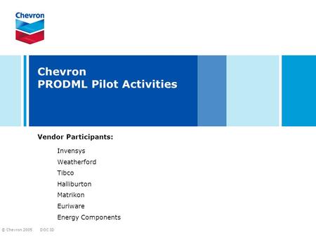 DOC ID © Chevron 2005 Chevron PRODML Pilot Activities Vendor Participants: Invensys Weatherford Tibco Halliburton Matrikon Euriware Energy Components.