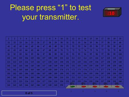 Please press “1” to test your transmitter. :10 0 of 5 1.1 2.2 3.3 4.4 5.5 1234567891011121314151617181920 2122232425262728293031323334353637383940 4142434445464748495051525354555657585960.