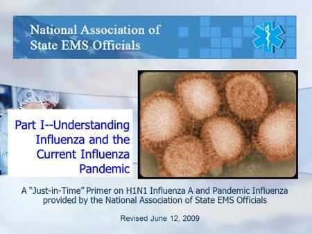 Part I--Understanding Influenza and the Current Influenza Pandemic A “Just-in-Time” Primer on H1N1 Influenza A and Pandemic Influenza provided by the National.