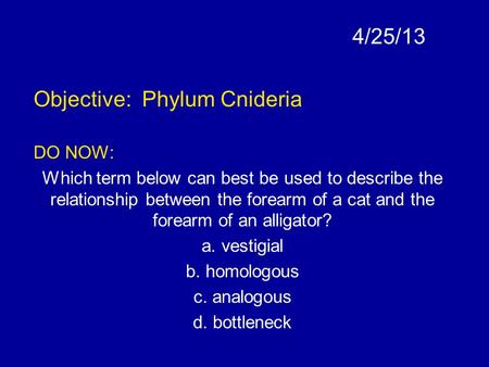 4/25/13 Objective: Phylum Cnideria DO NOW: Which term below can best be used to describe the relationship between the forearm of a cat and the forearm.