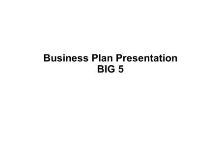 Business Plan Presentation BIG 5. Venture Mission and Strategy Business environment Execution Risk Analysis Key Assumptions and Financials BIG5.