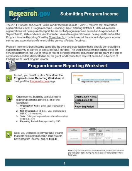 The 2014 Proposal and Award Policies and Procedures Guide (PAPPG) requires that all awardee organizations submit a Program Income Reporting Sheet. Starting.