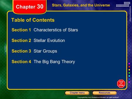 Chapter 30 Table of Contents Section 1 Characterstics of Stars