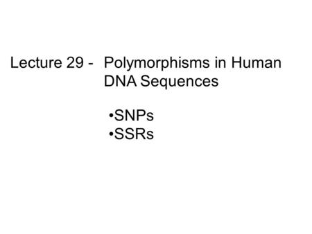 Lecture 29 -Polymorphisms in Human DNA Sequences SNPs SSRs.