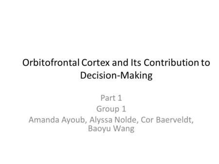 Orbitofrontal Cortex and Its Contribution to Decision-Making Part 1 Group 1 Amanda Ayoub, Alyssa Nolde, Cor Baerveldt, Baoyu Wang.