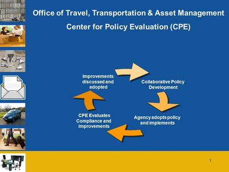 1 Office of Travel, Transportation & Asset Management Center for Policy Evaluation (CPE) Collaborative Policy Development Agency adopts policy and implements.