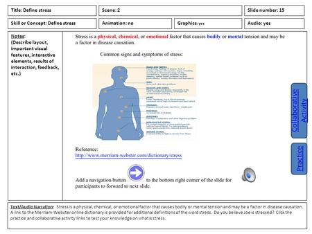 Notes: (Describe layout, important visual features, interactive elements, results of interaction, feedback, etc.) Animation: no Text/Audio Narration: