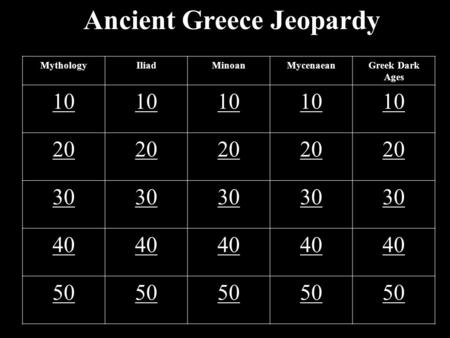 Ancient Greece Jeopardy MythologyIliadMinoanMycenaeanGreek Dark Ages 10 20 30 40 50.