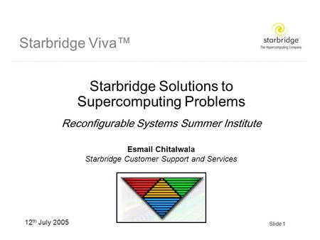 Slide 1 Starbridge Viva™ Starbridge Solutions to Supercomputing Problems Reconfigurable Systems Summer Institute Esmail Chitalwala Starbridge Customer.