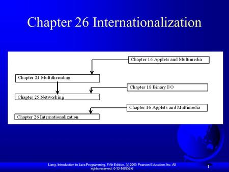 Liang, Introduction to Java Programming, Fifth Edition, (c) 2005 Pearson Education, Inc. All rights reserved. 0-13-148952-6 1 Chapter 26 Internationalization.