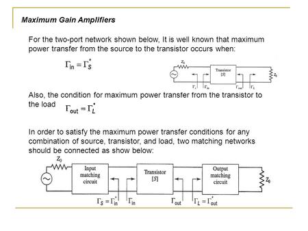 Maximum Gain Amplifiers For the two-port network shown below, It is well known that maximum power transfer from the source to the transistor occurs when: